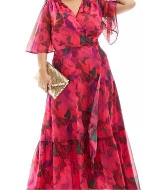 Plus-Size Floral Wrap Maxi Dress in Red Pink